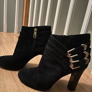 Guess black, gold buckle heel booties, size 8.